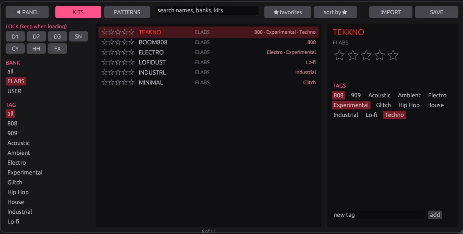 The preset browser: banks, tags, stars and the ELABS kits