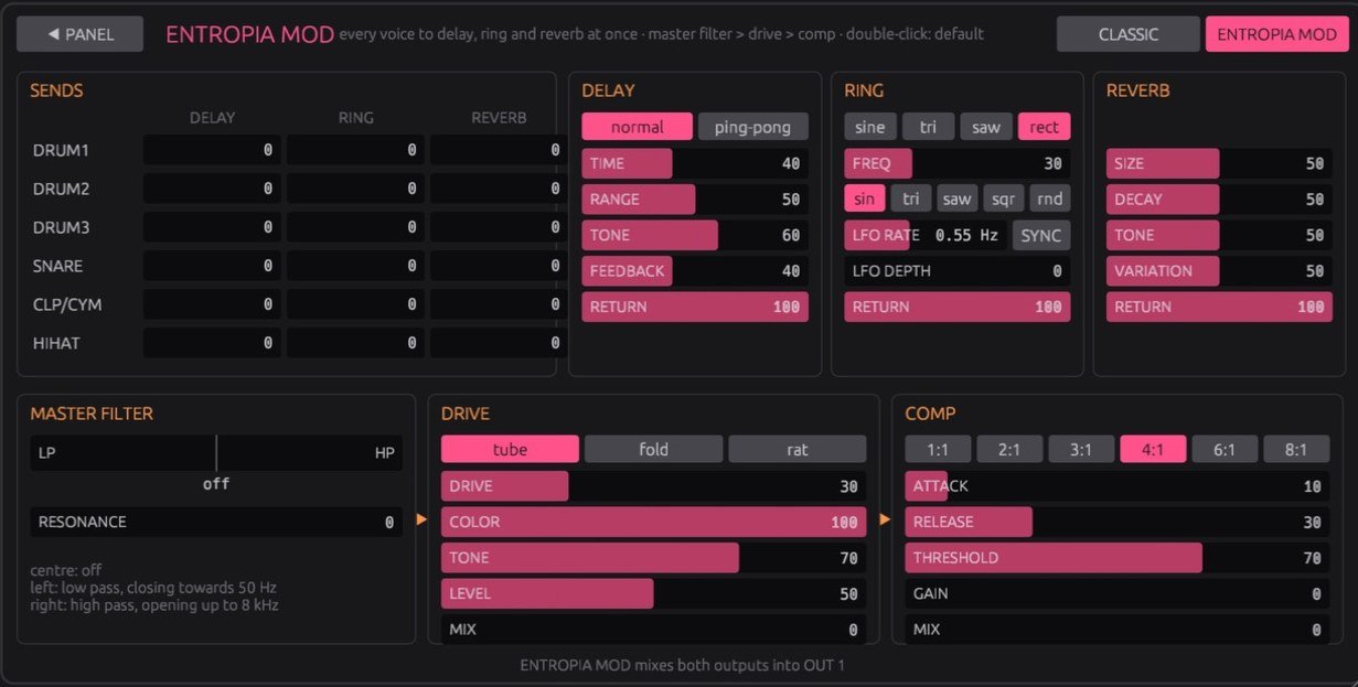 The ENTROPIA MOD effects page: sends, delay, ring, reverb, master filter, drive and compressor