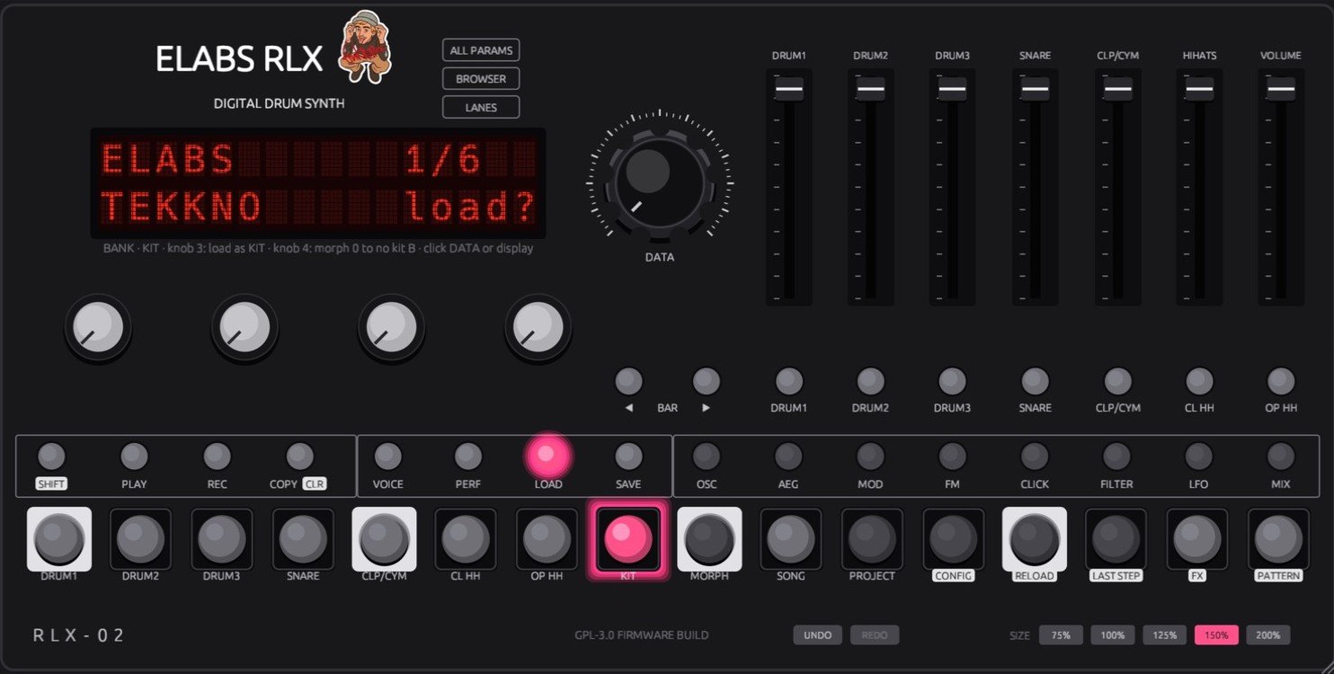The ELABS RLX panel: LCD, data knob, encoders, voice faders and the 16 step buttons